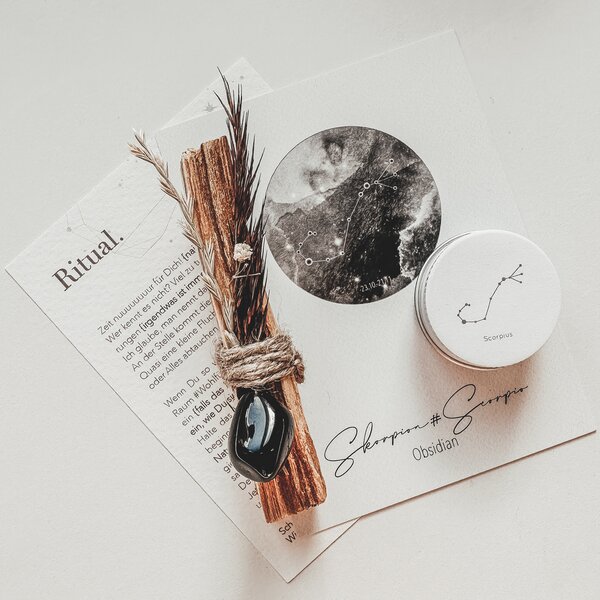 Ritual-Set Skorpion: Obsidian, Palo Santo, Cosmos Card, Kerze und Ritualk�rtchen