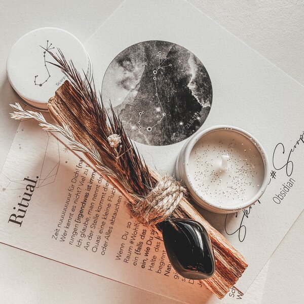 Ritual-Set Skorpion: Obsidian, Palo Santo, Cosmos Card, Kerze und Ritualk�rtchen